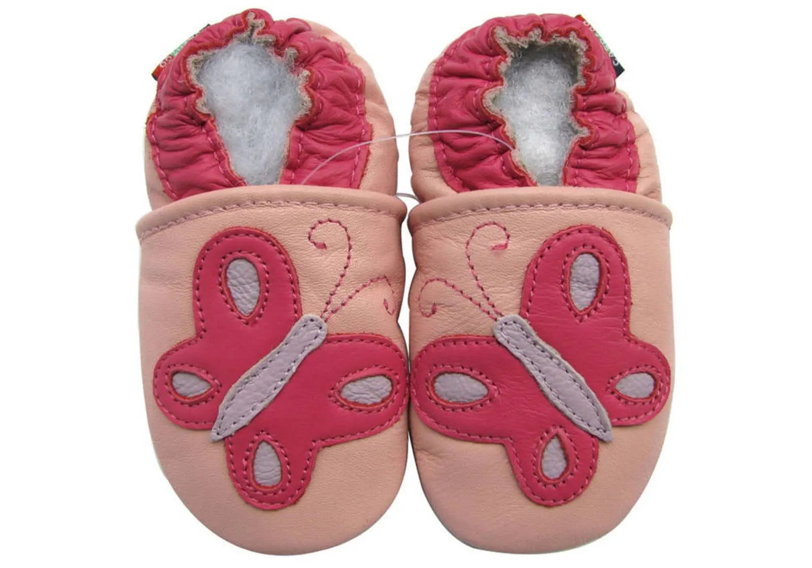Chaussons cuir souple papillons rose Carozoo