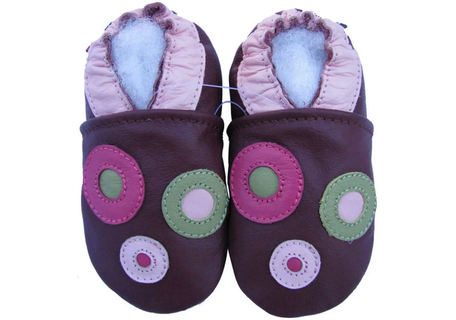 Chaussons cuir souple cercles vert/rose Carozoo