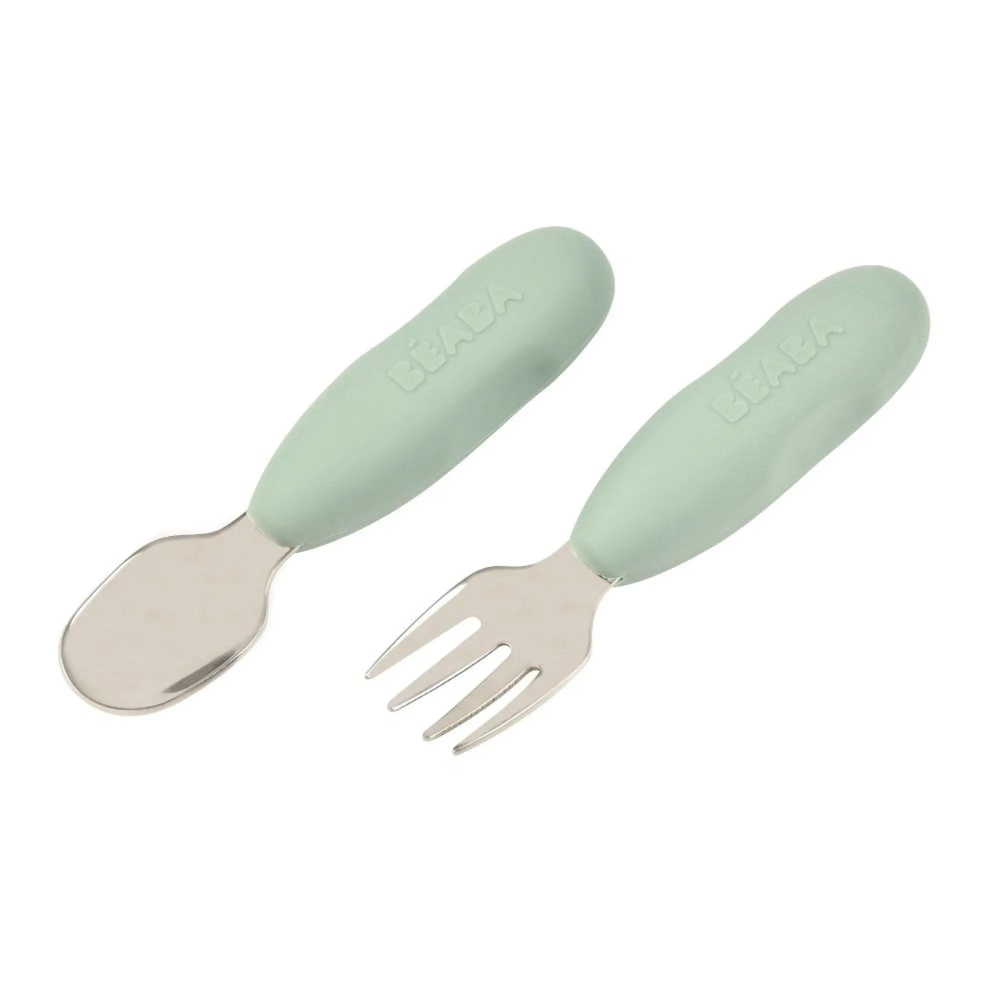 Lot de 2 pré-couverts d’apprentissage inox & silicone Béaba - Sage green