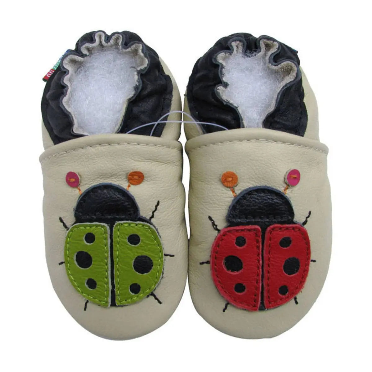 Chaussons cuir souple coccinelle vert/rouge Carozoo