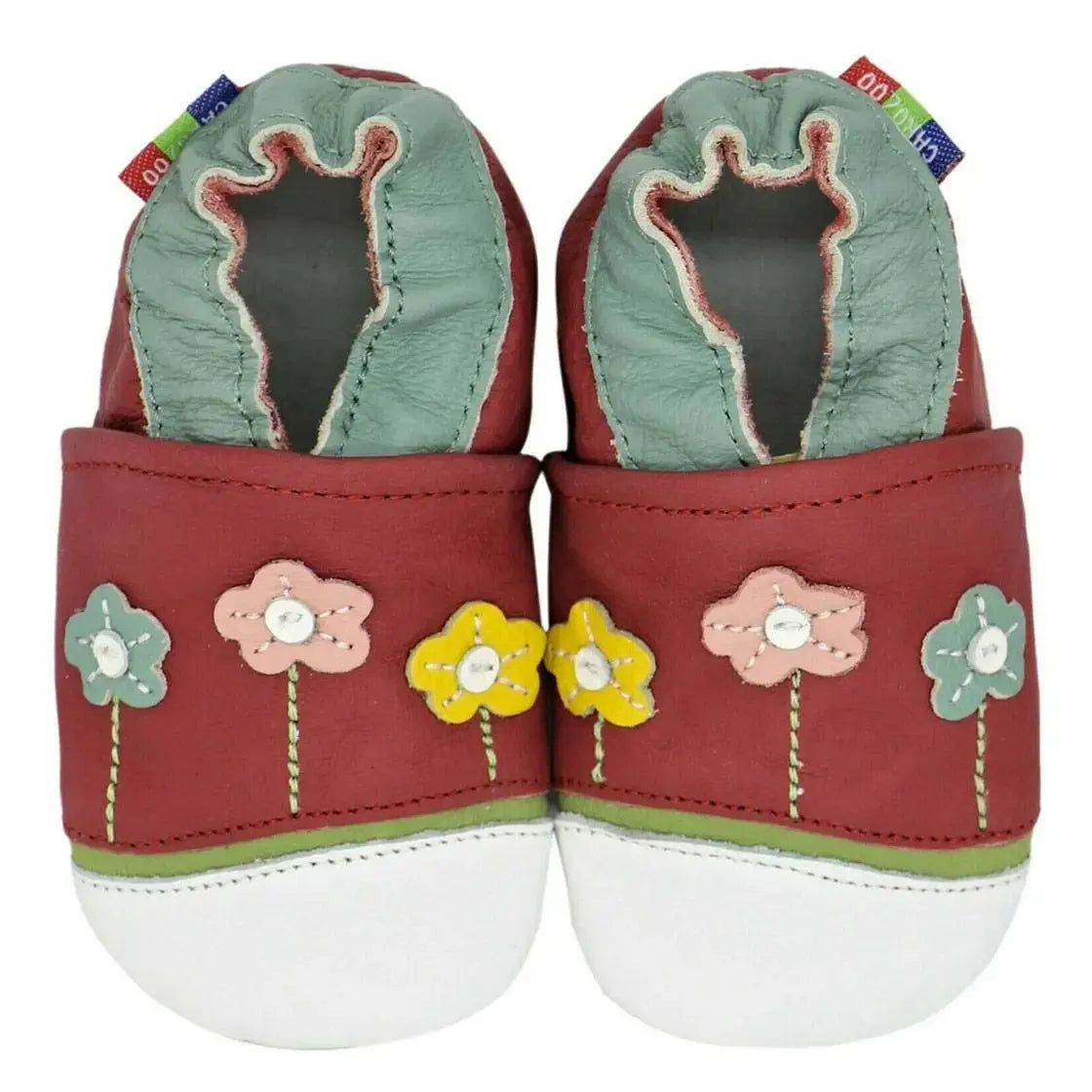 Chaussons cuir souple paquerettes fond rouge Carozoo