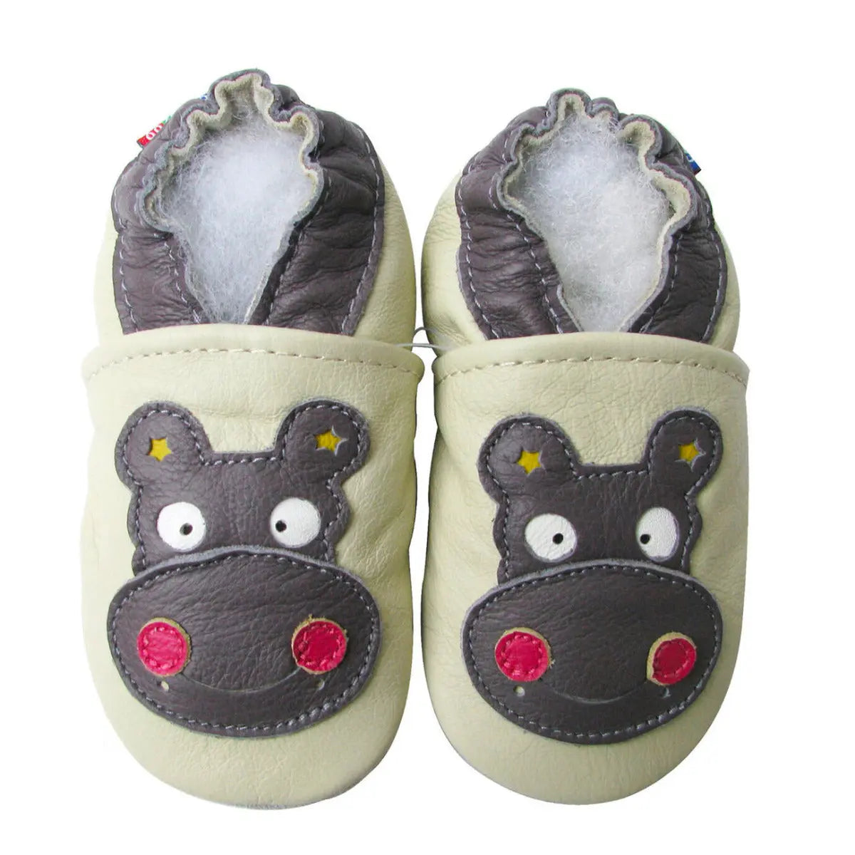 Chaussons cuir souple Carozoo - Hippo fond crème - Lilinappy