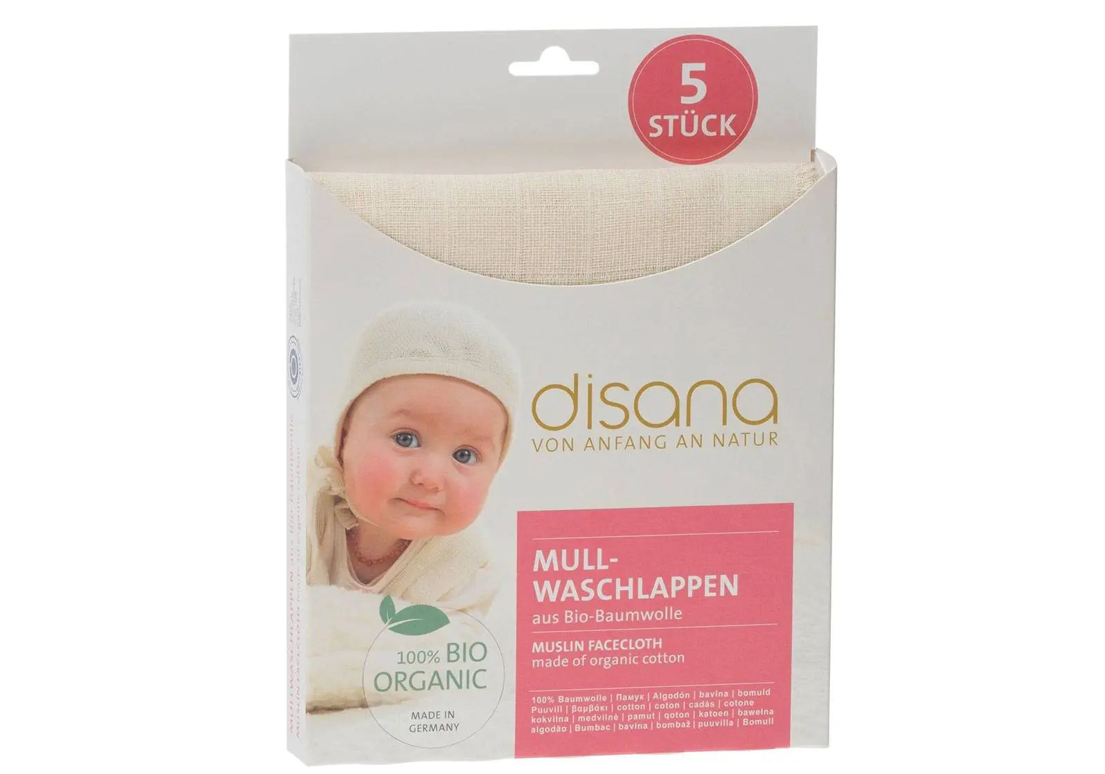 Lot de 5 débarbouillettes en mousseline de coton bio Disana