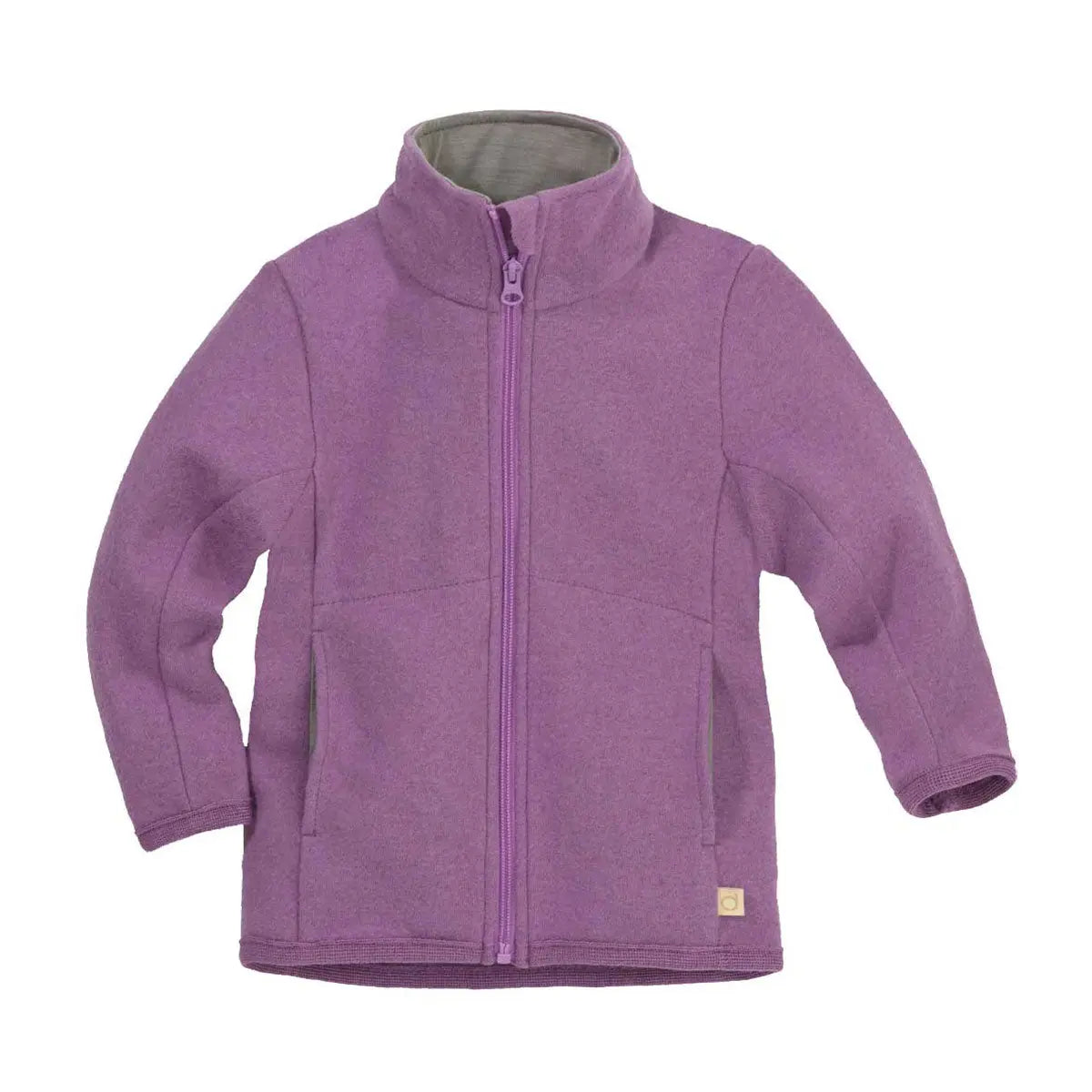 Veste Disana légère en laine mérinos bio – Lilas. Parfaite pour la mi-saison. Col tricoté doux, poches intérieures, coupe sportive. Fabriquée en Allemagne.
