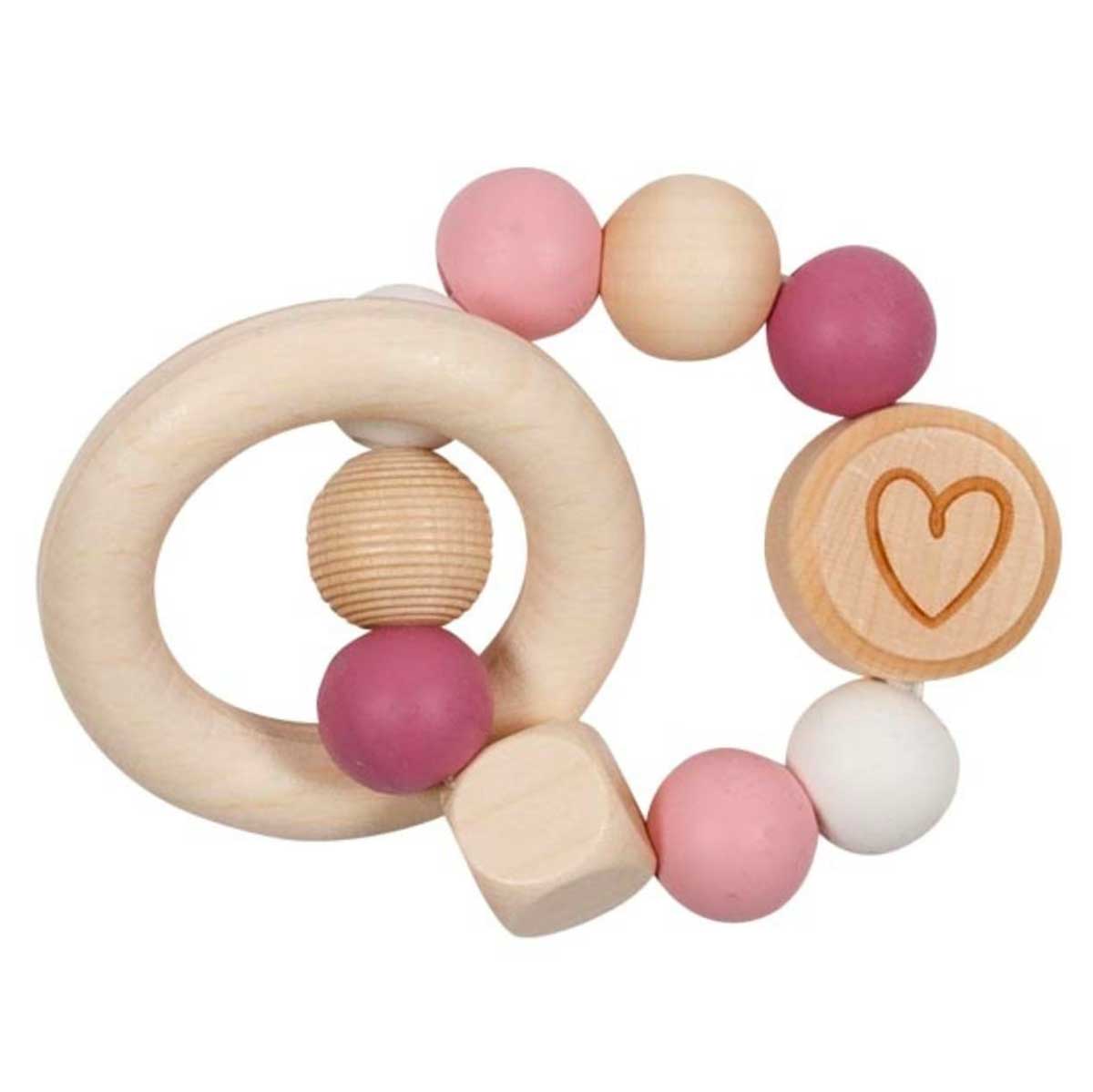Hochet élastique en bois et silicone Goki - Cœur rose