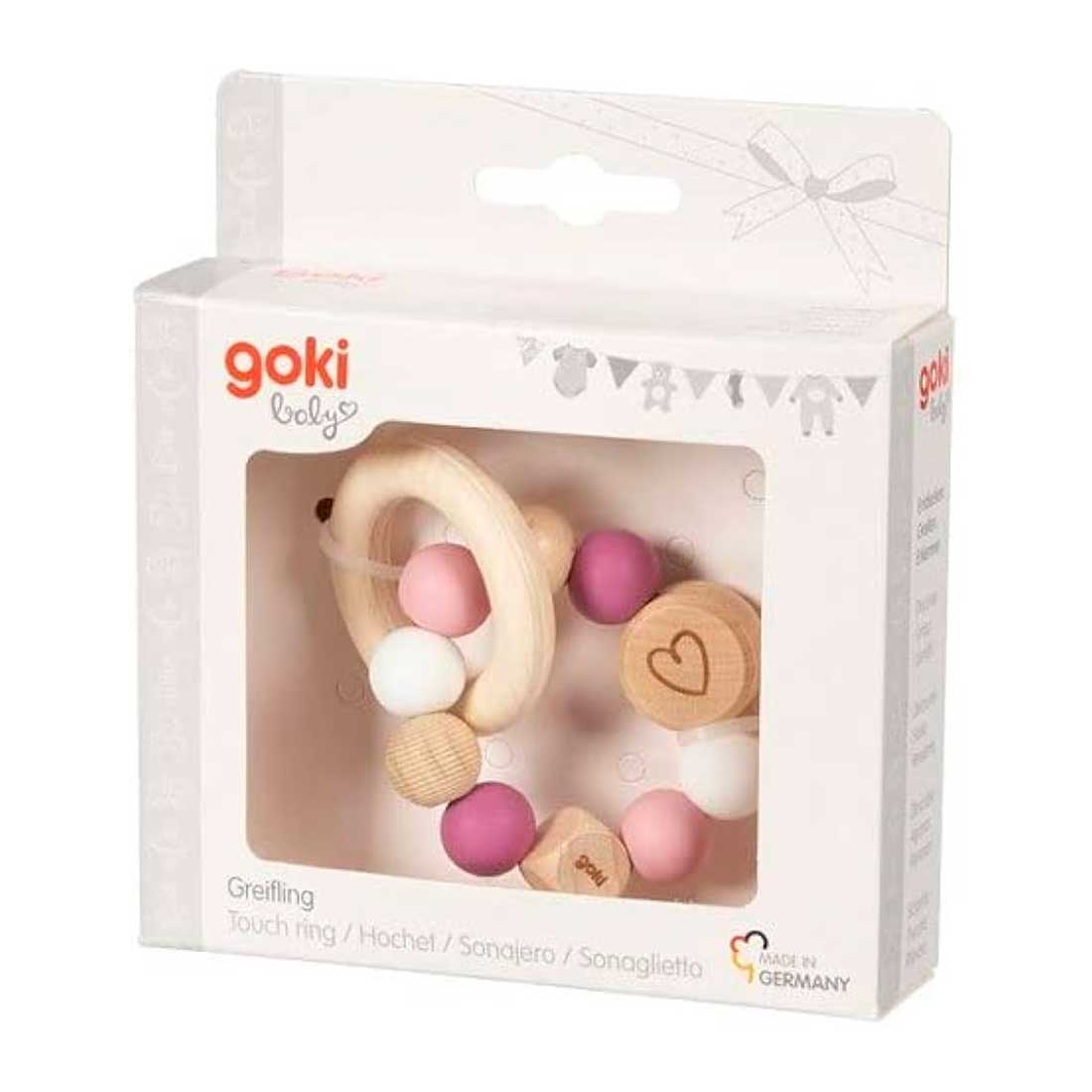 Hochet élastique en bois et silicone Goki - Cœur rose