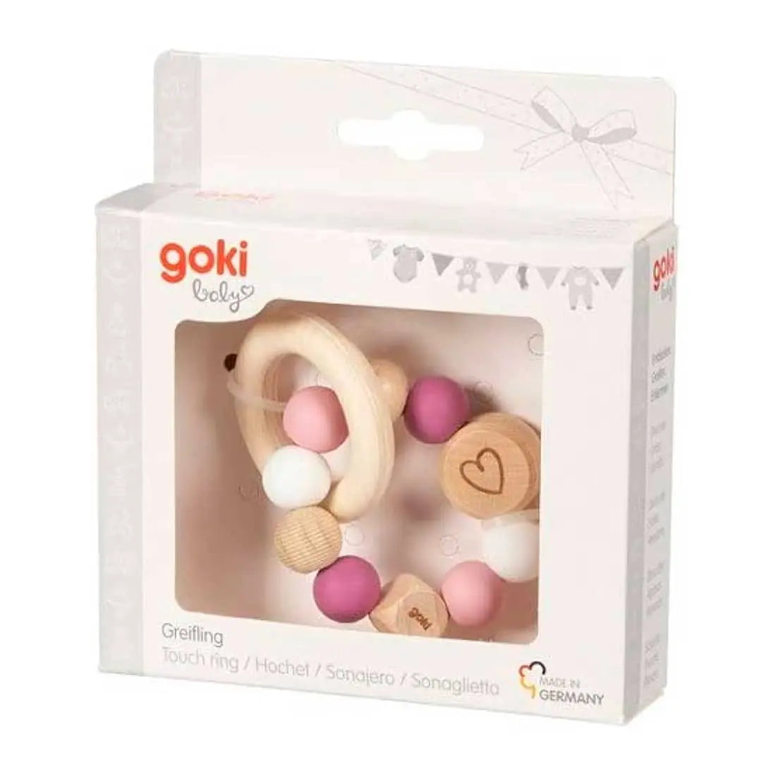 Hochet élastique en bois et silicone Goki - Cœur rose
