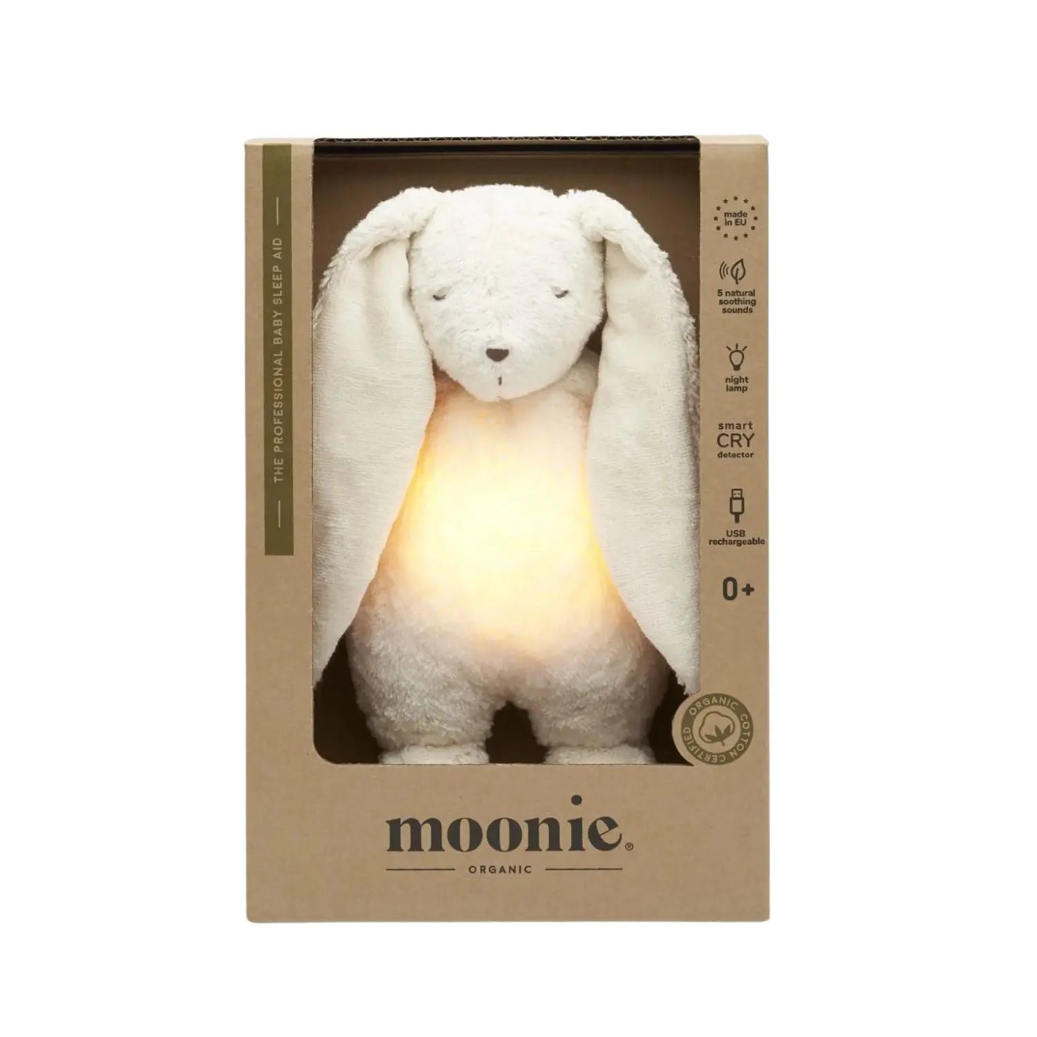 Peluche bruit rose bébé Moonie - Nature bio Lapin blanc polaire