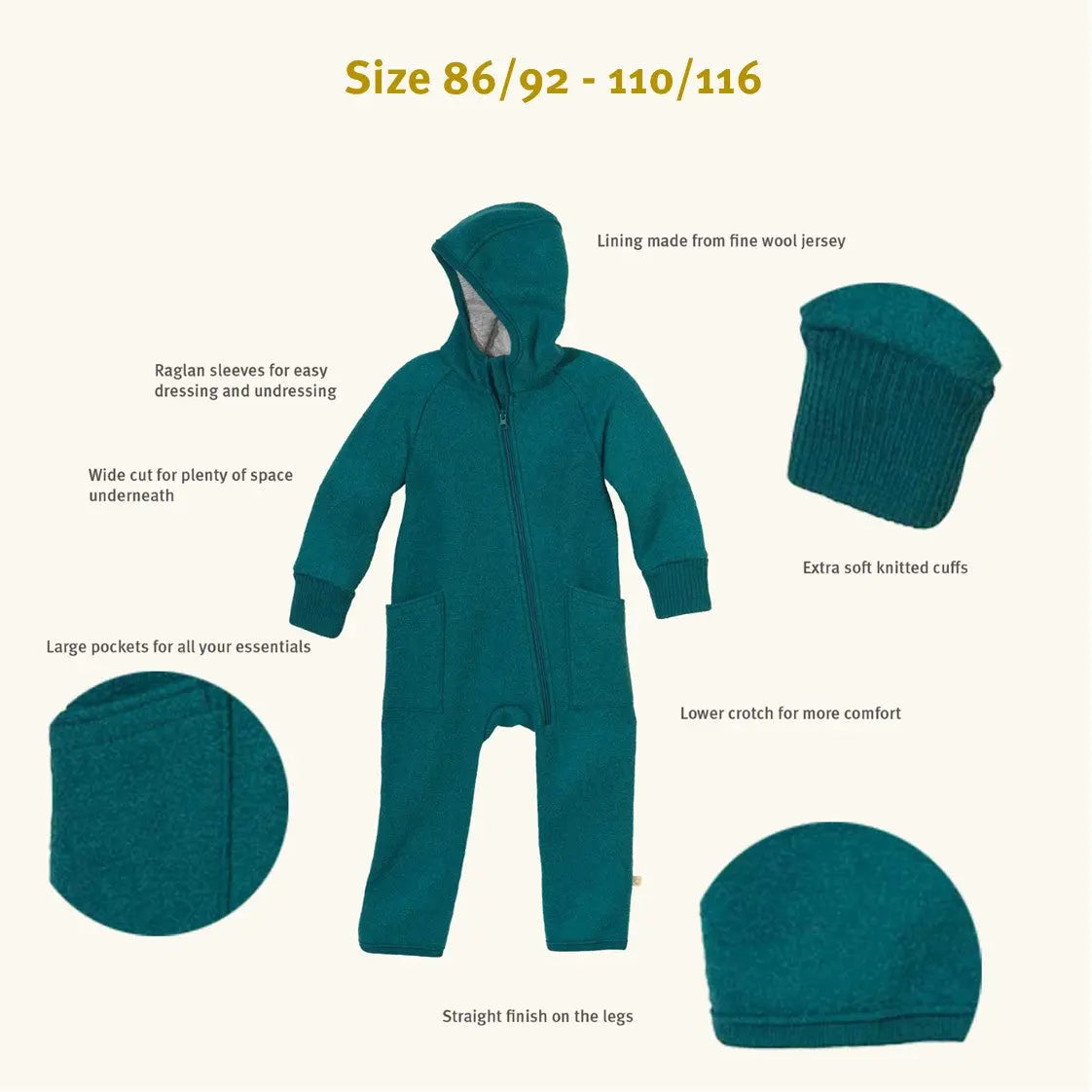 Combinaison bébé zippée en laine bouillie Disana - Olive - Lilinappy