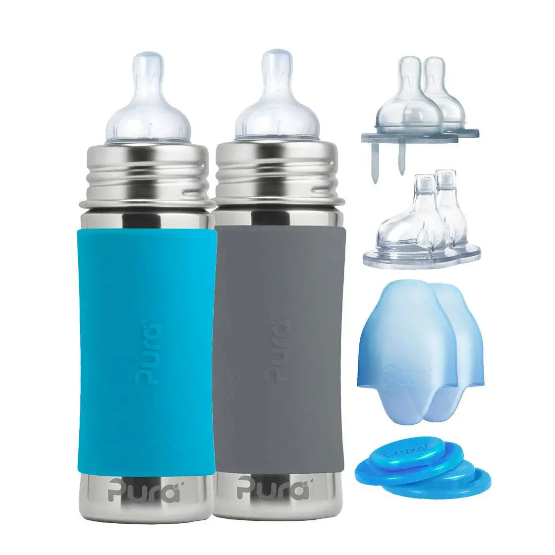 Coffret Start biberons Inox 325ml Pura - Turquoise et gris