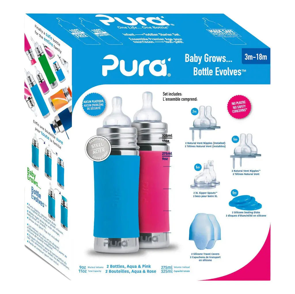 Coffret Start biberons Inox 325ml Pura - Turquoise et rose