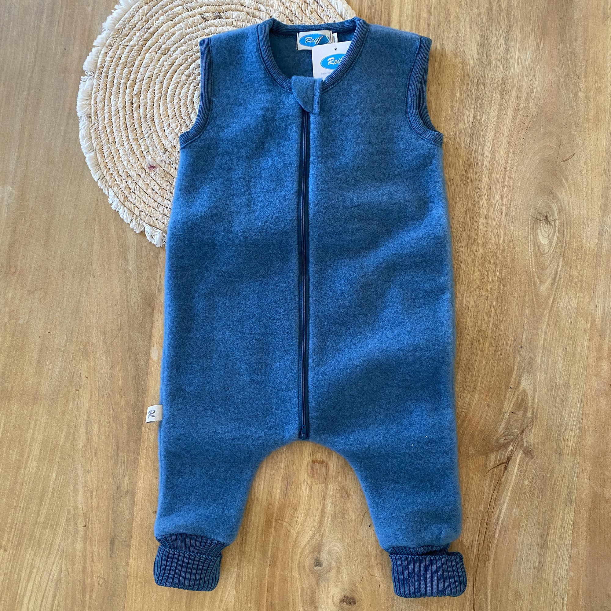 Combinaison de nuit bébé sans manches en polaire de laine bio Reiff - Pacific blue