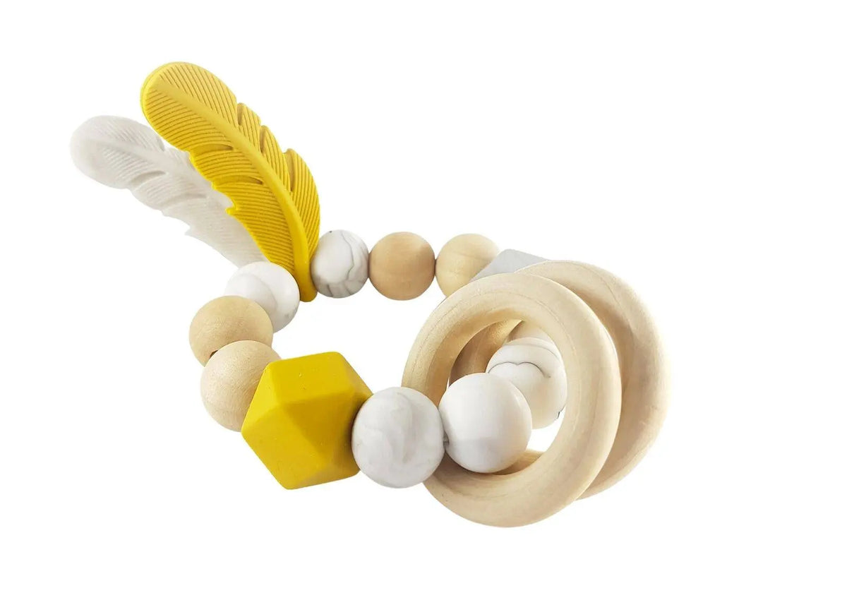 Anneau de dentition en silicone et en bois avec perles en forme de plume SMA Sweden