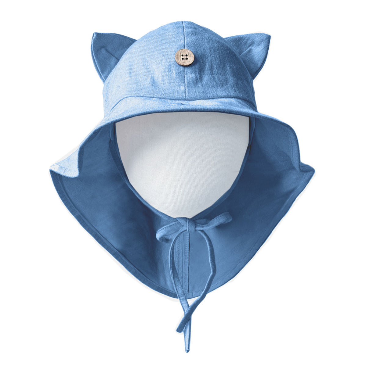 Chapeau en chanvre bio ManyMonths avec oreilles de chat, coloris Parisian Blue. Évolutif et ludique, il protège votre enfant du soleil avec style et confort.
