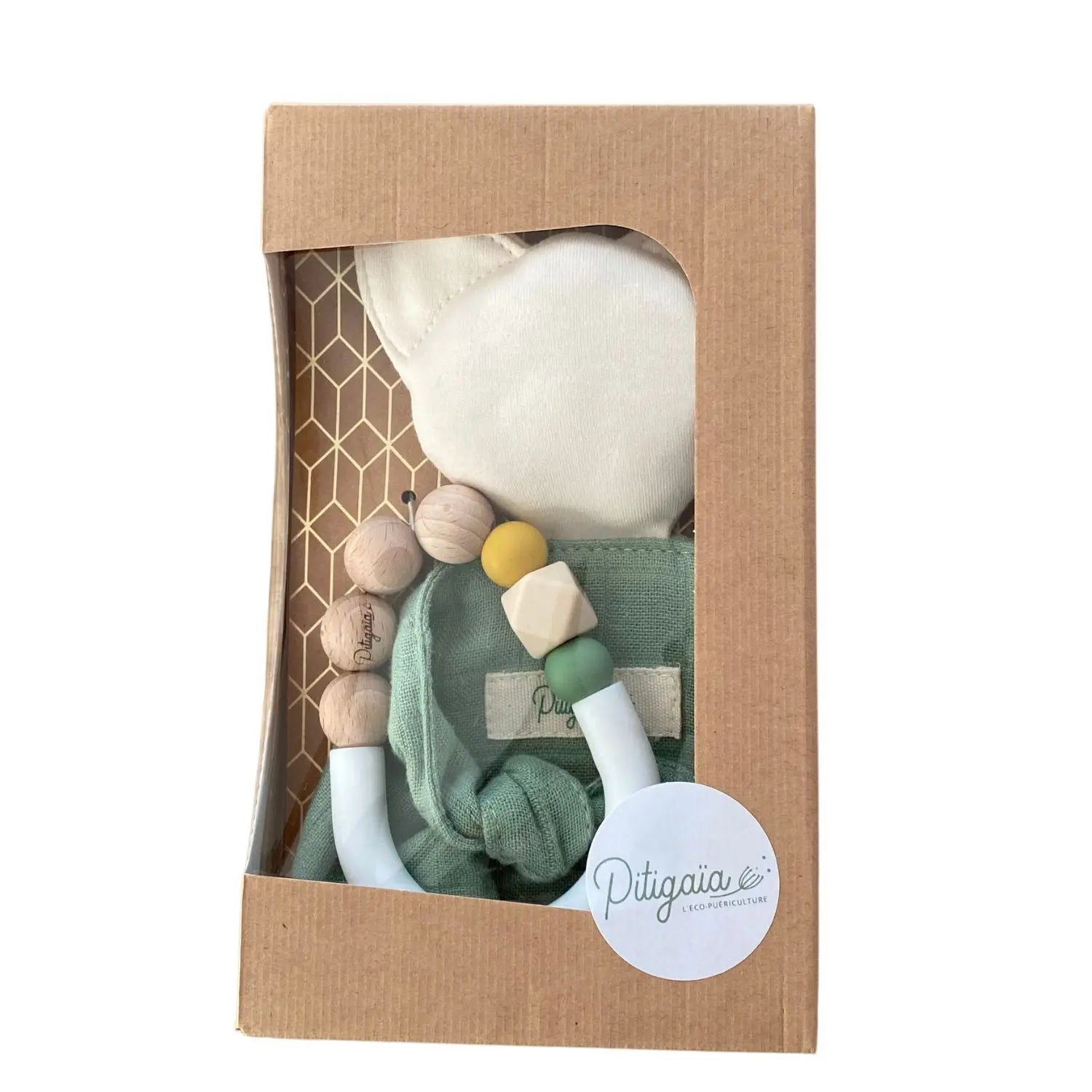 Coffret cadeau naissance doudou coton bio Pitigaia - Vert 