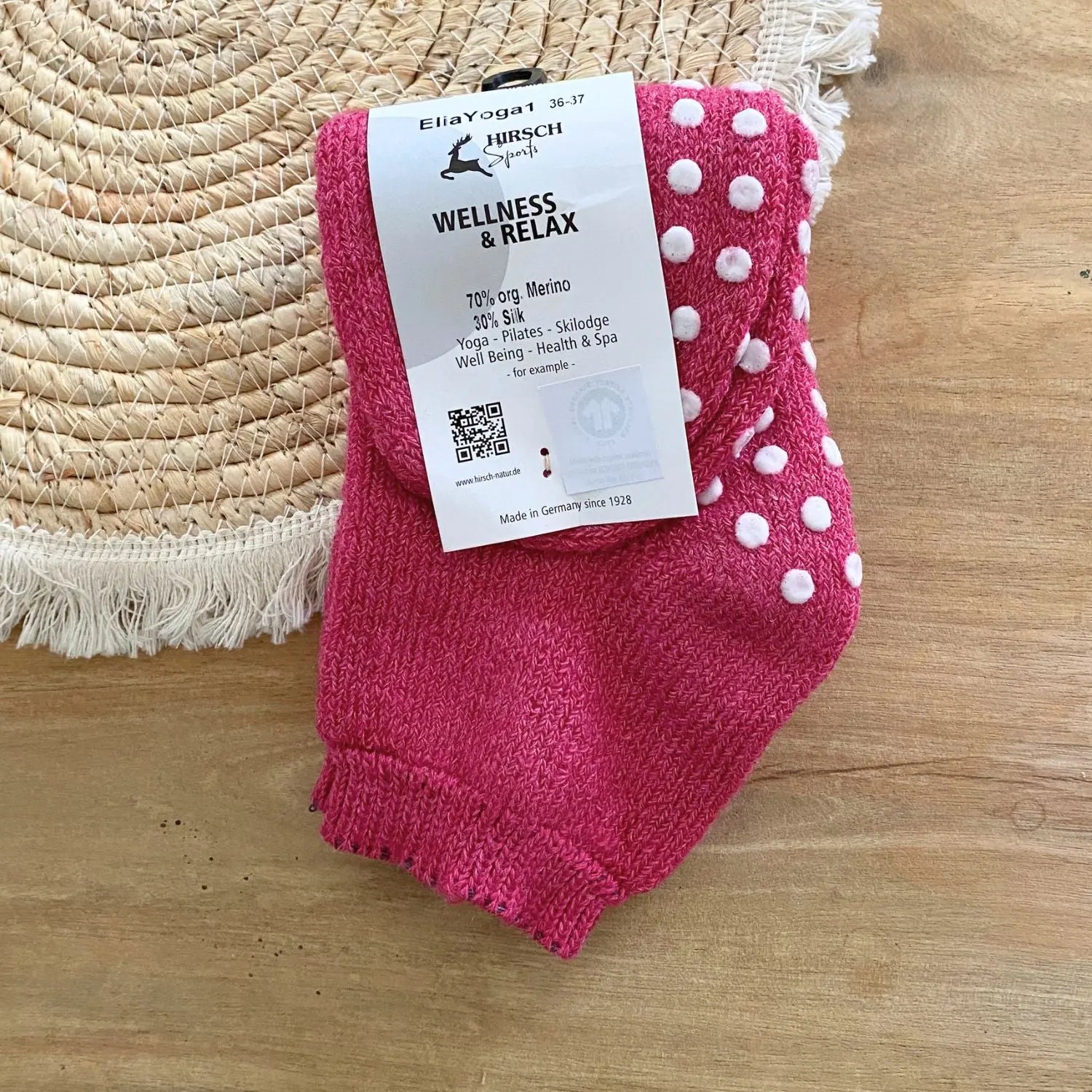 Chaussettes adulte laine et soie anti-dérapantes EliaYoga Hirsch Natur 