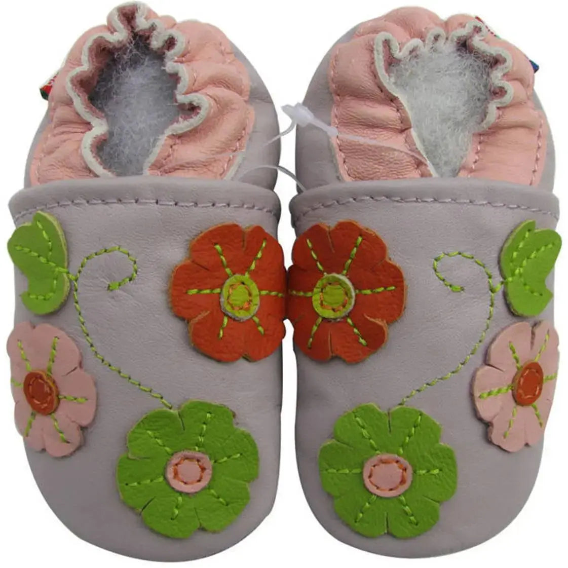 Chaussons cuir souple 3 fleurs fond lilas Carozoo