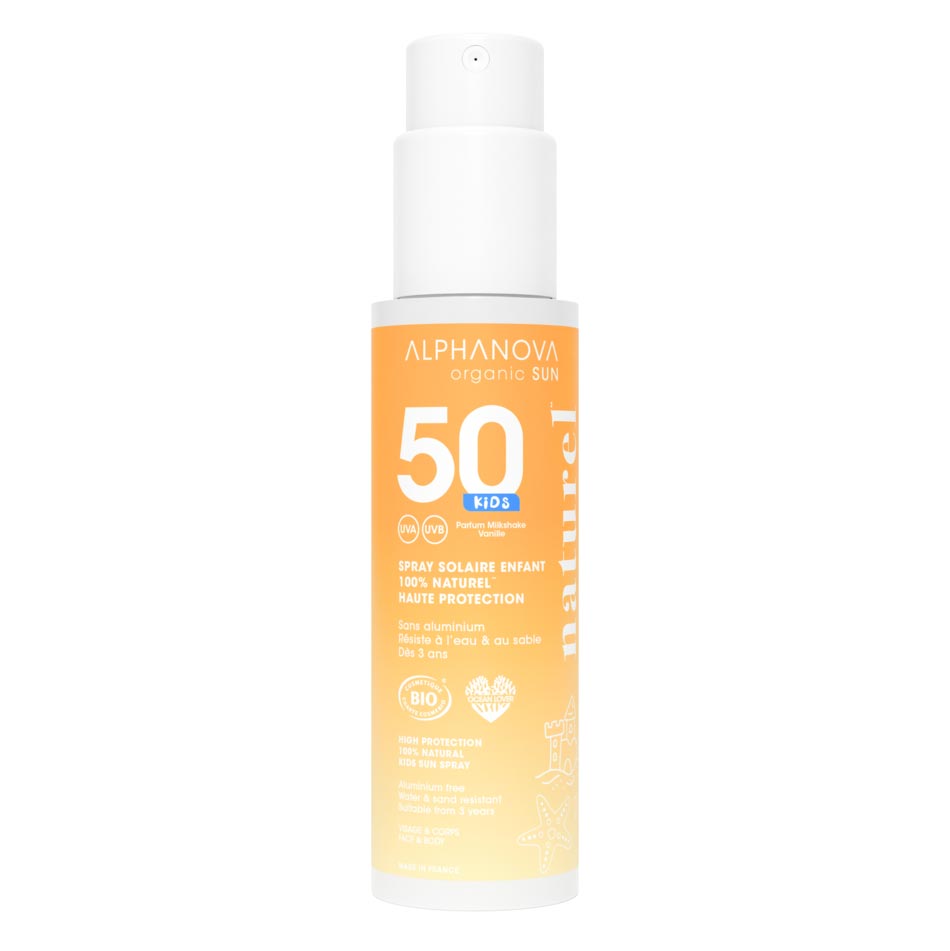 Spray solaire enfant SPF 50 filtres minéraux Alphanova Sun 