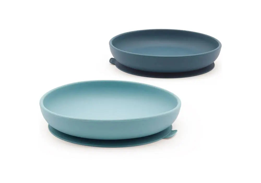 Lot de 2 assiettes à ventouse en silicone Biobu, bleu Lagoon et bleu Abyss