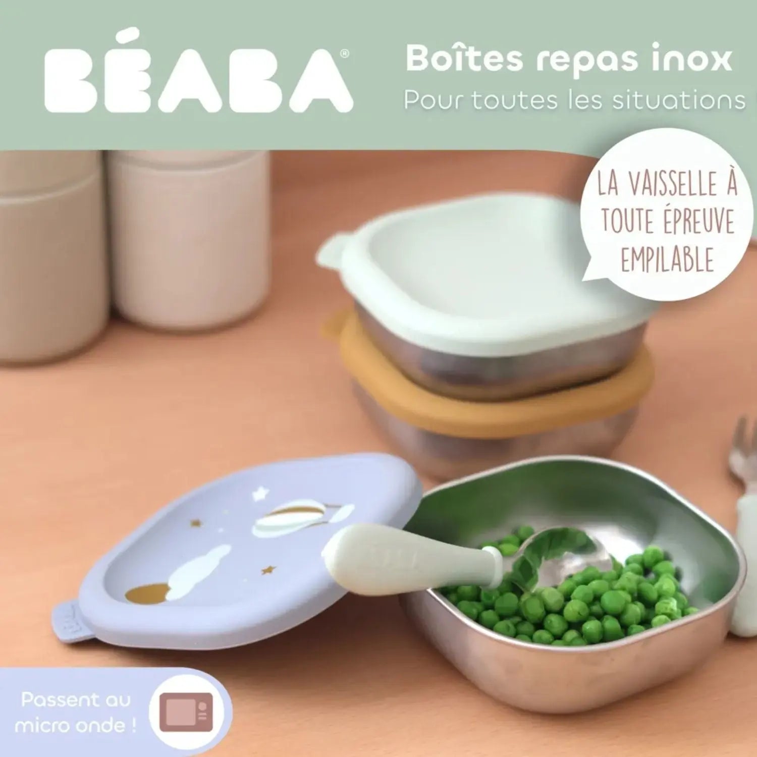 Lot de 3 boîtes repas inox 250ml Béaba - Adventure 