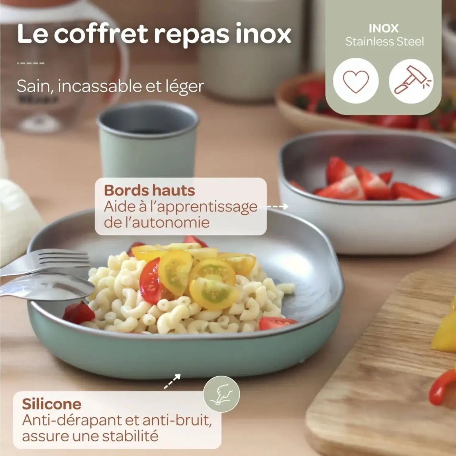 Coffret repas bébé inox Béaba - Sage green 