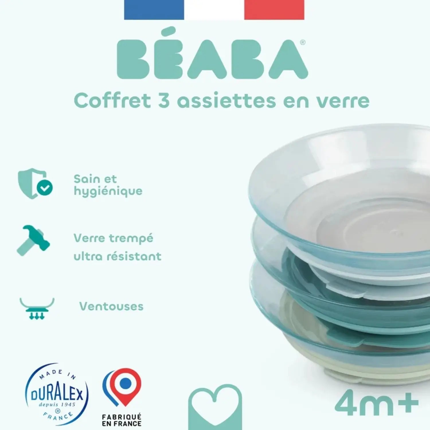 Coffret de 3 assiettes en verre Béaba x Duralex – Misty Green 