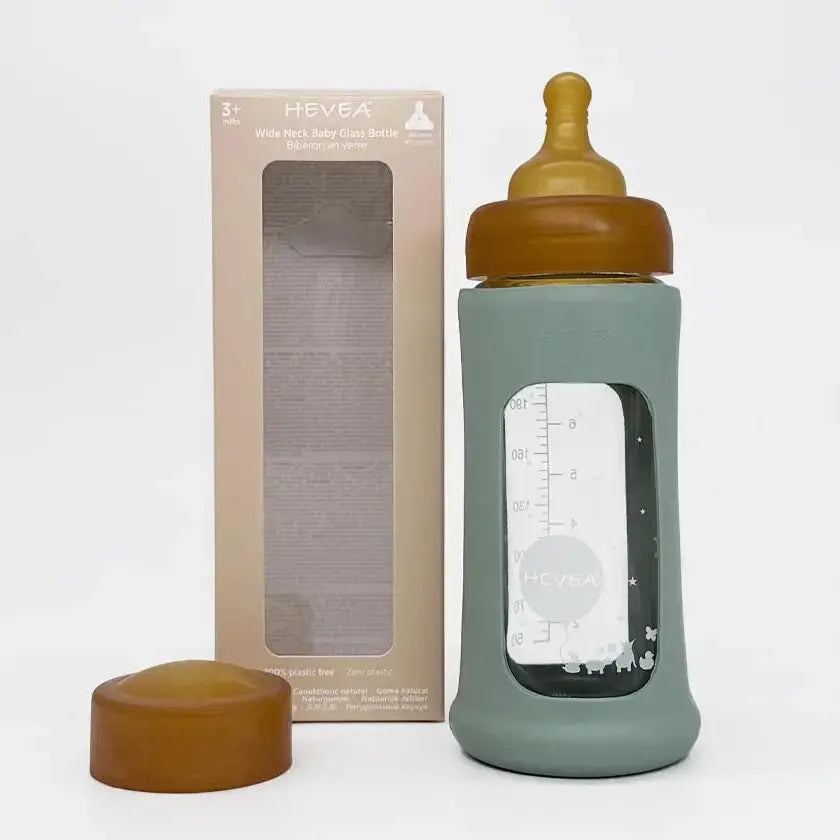 Biberon en verre à col large avec manchon Hevea - Bleu 