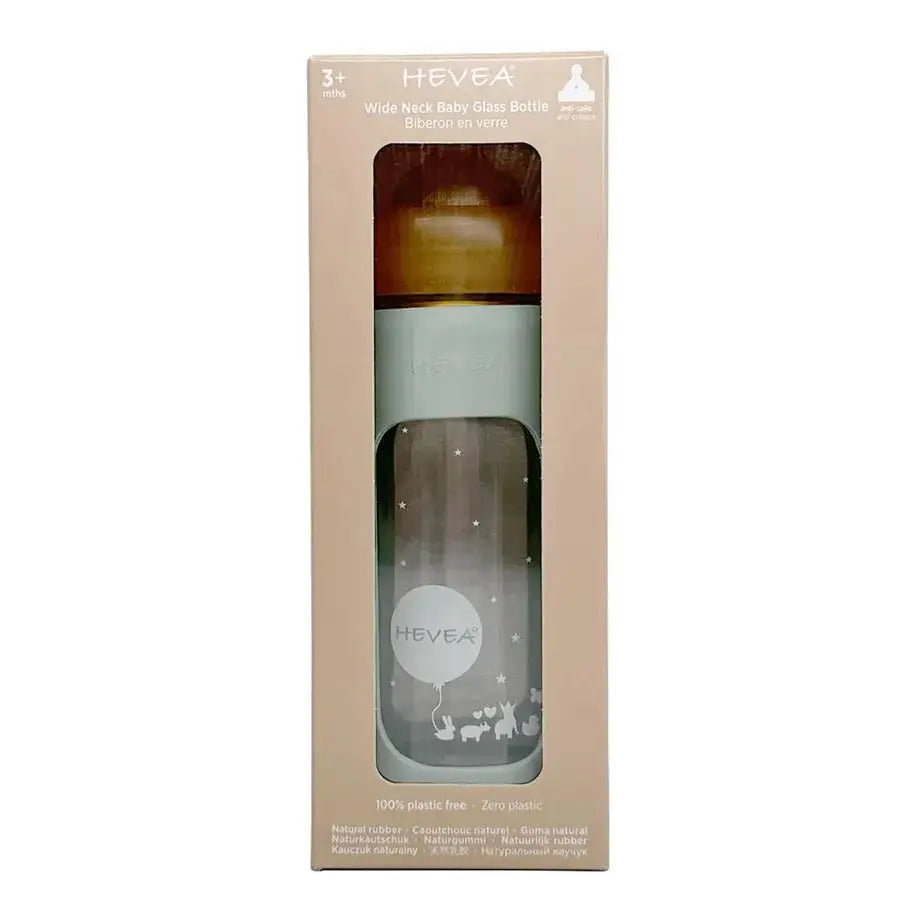 Biberon en verre à col large avec manchon Hevea - Bleu 