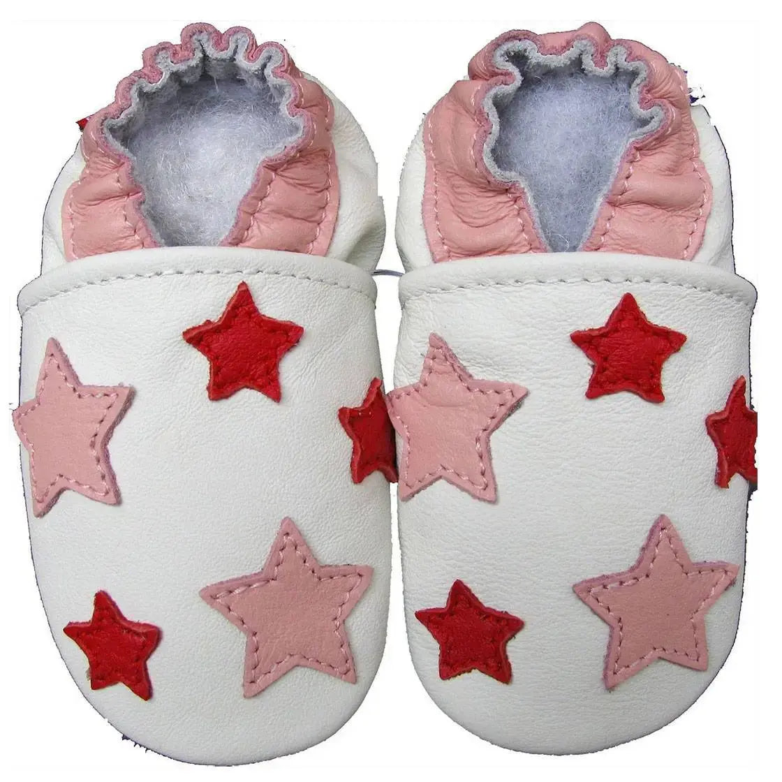 Chaussons cuir souple Etoiles roses fond blanc Carozoo