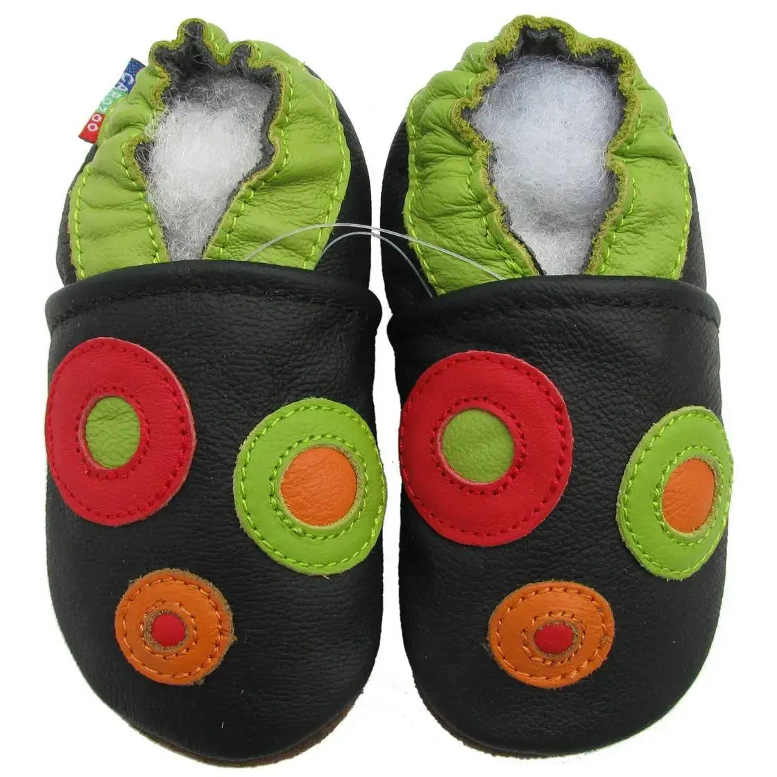 Chaussons cuir souple cercles fond noir Carozoo