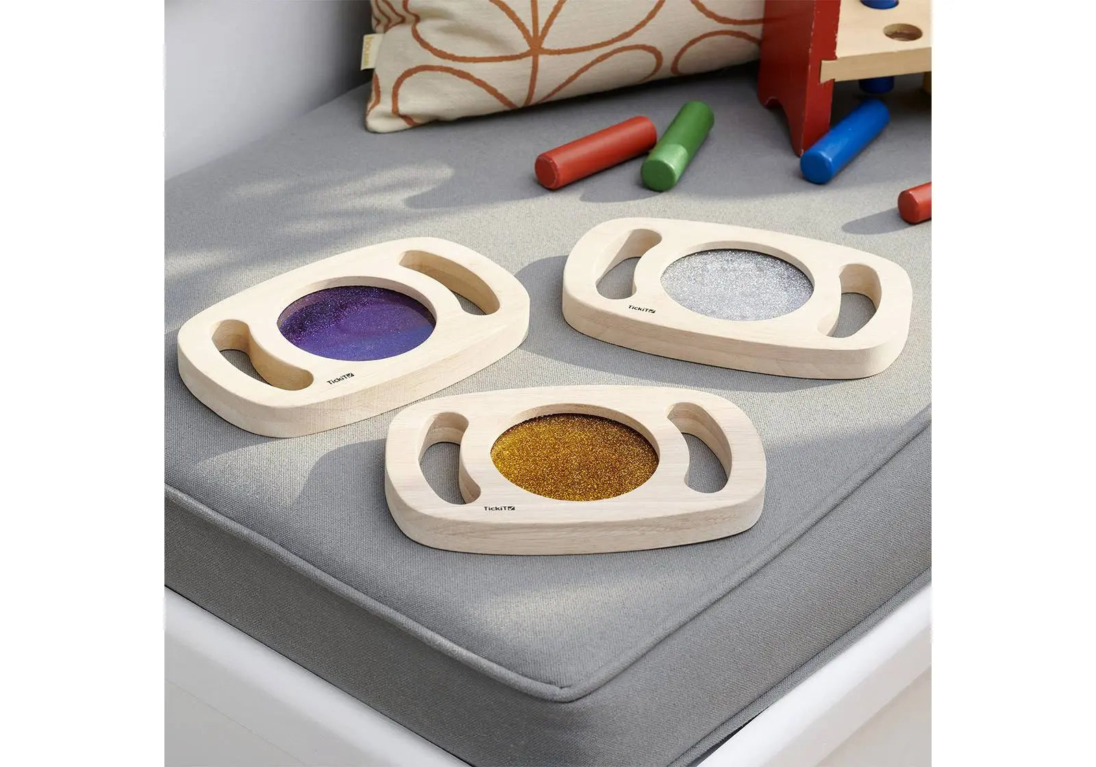 Lot de 3 panneaux sensoriels avec insert pailleté Tickit