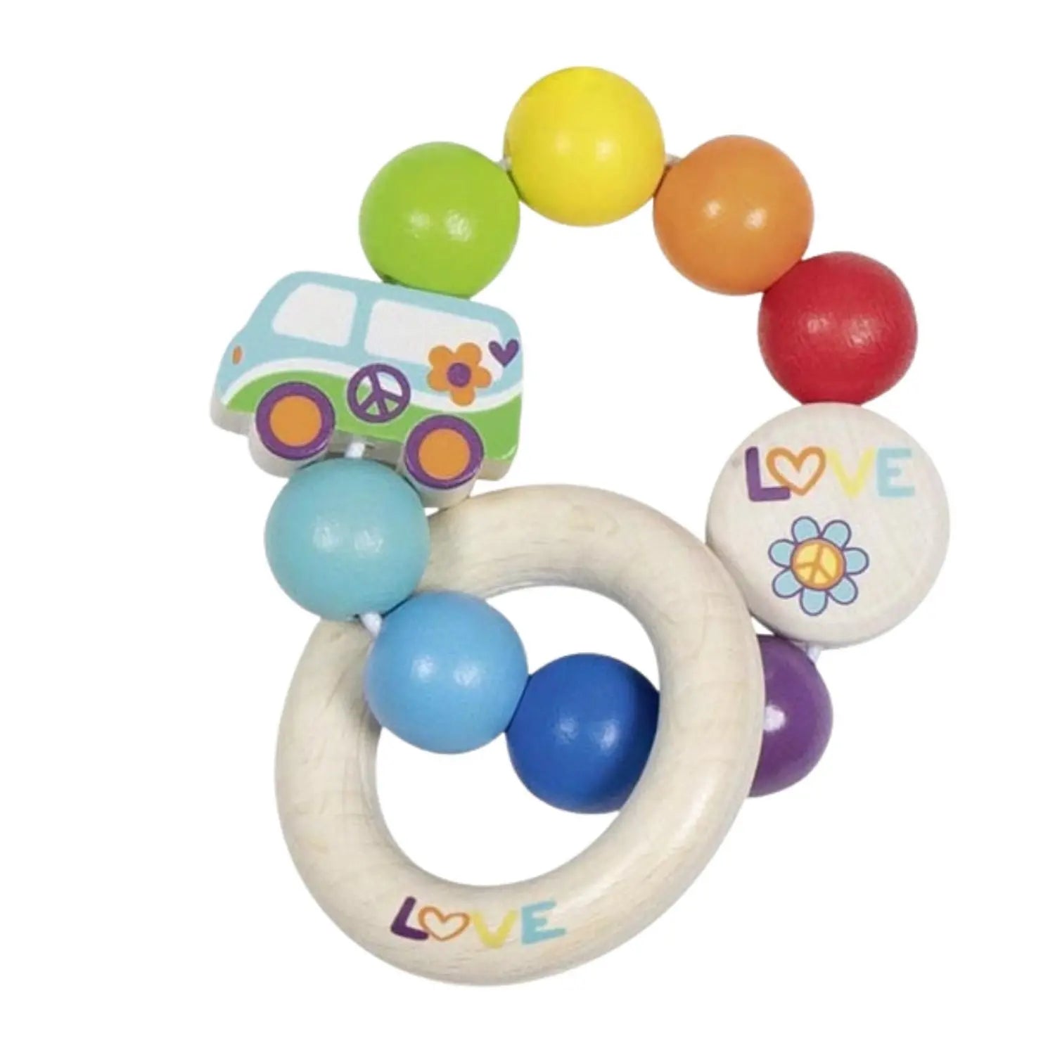 Hochet en bois bébé Goki arc-en-ciel voiture 