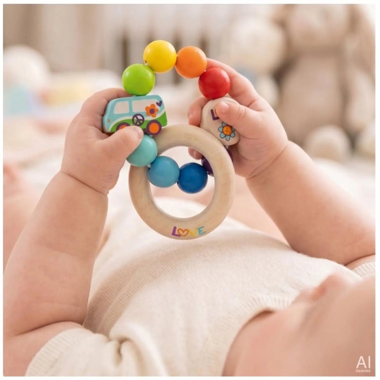 Hochet en bois bébé Goki arc-en-ciel voiture 