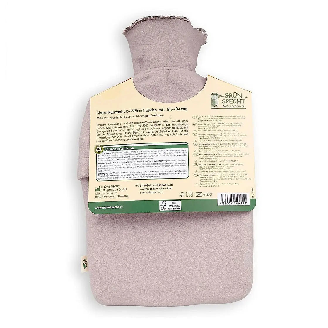 Bouillotte en latex avec housse en coton bio pour adultes Grünspecht - Lilinappy