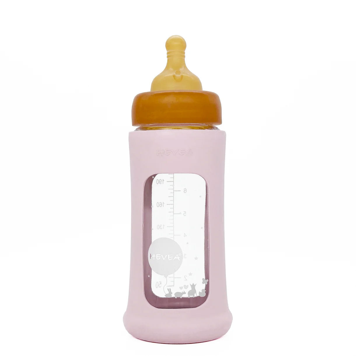 Biberon en verre à col large avec manchon Hevea 250ml - Rose 