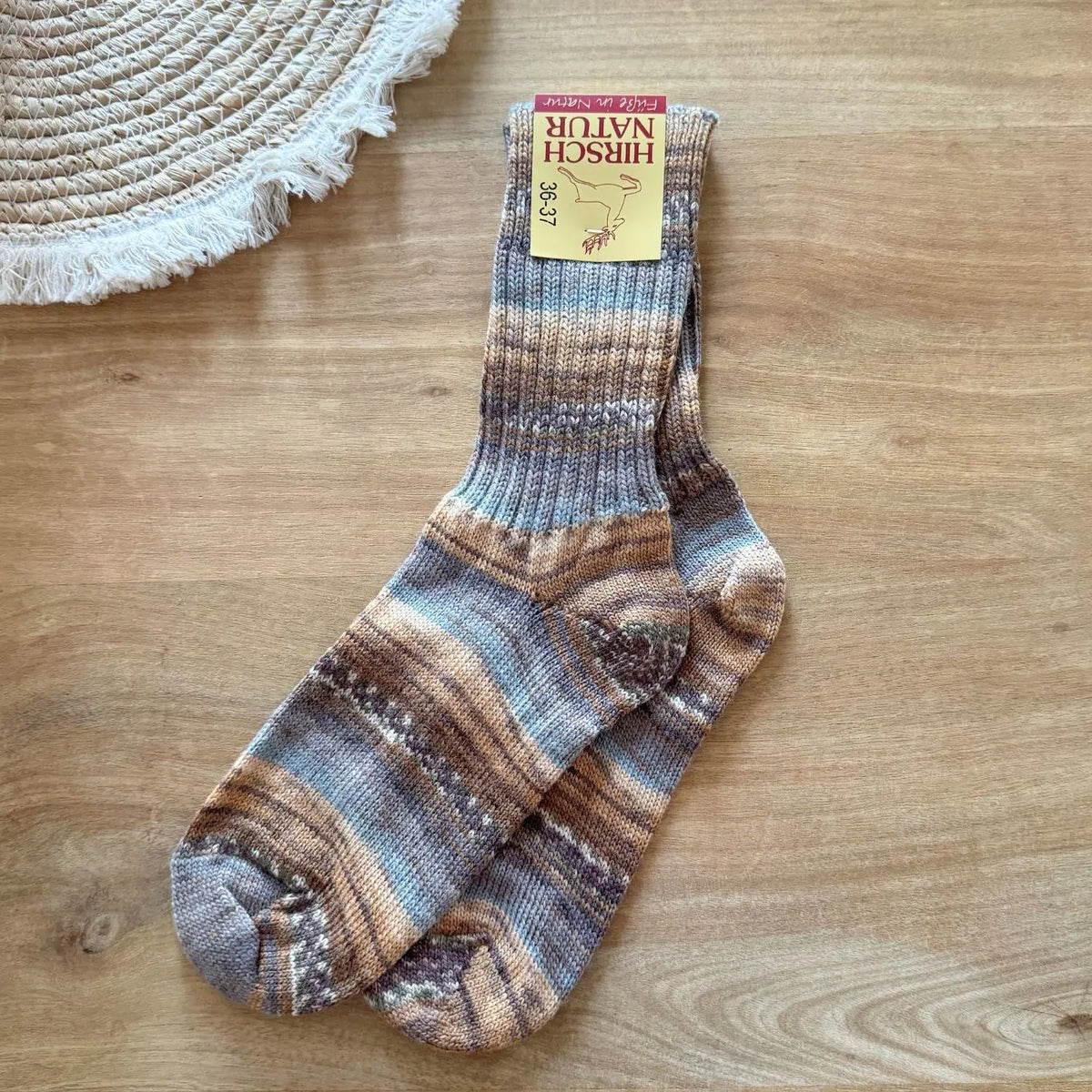 Chaussettes fines en laine rayées Hirsch Natur - Adultes