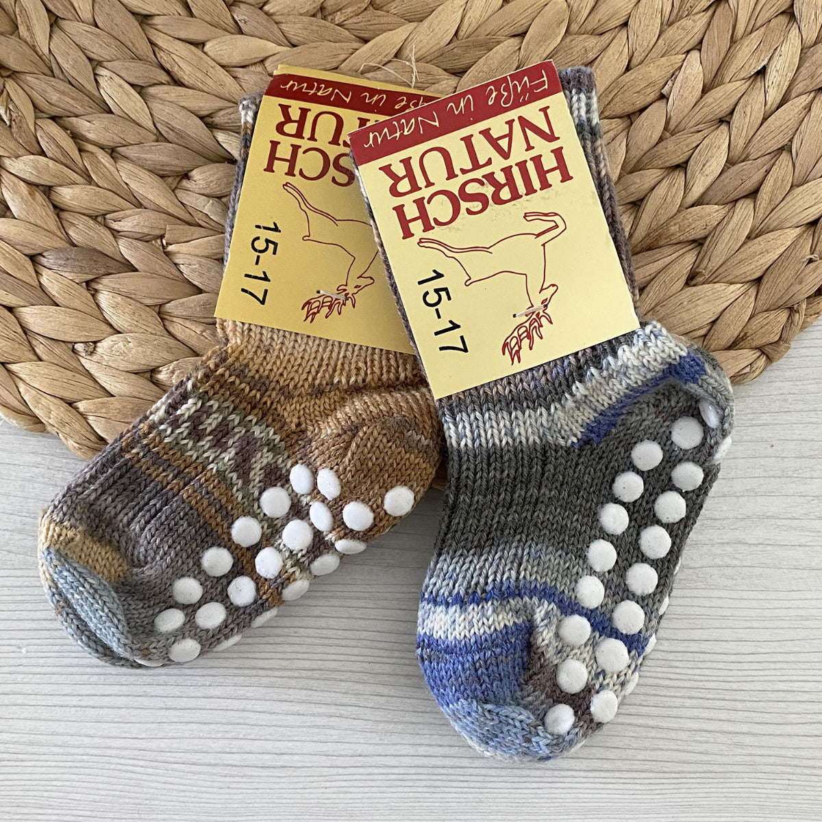 Chaussettes en pure laine antidérapantes pour enfants Hirsch Natur Gris/bleu - Lilinappy