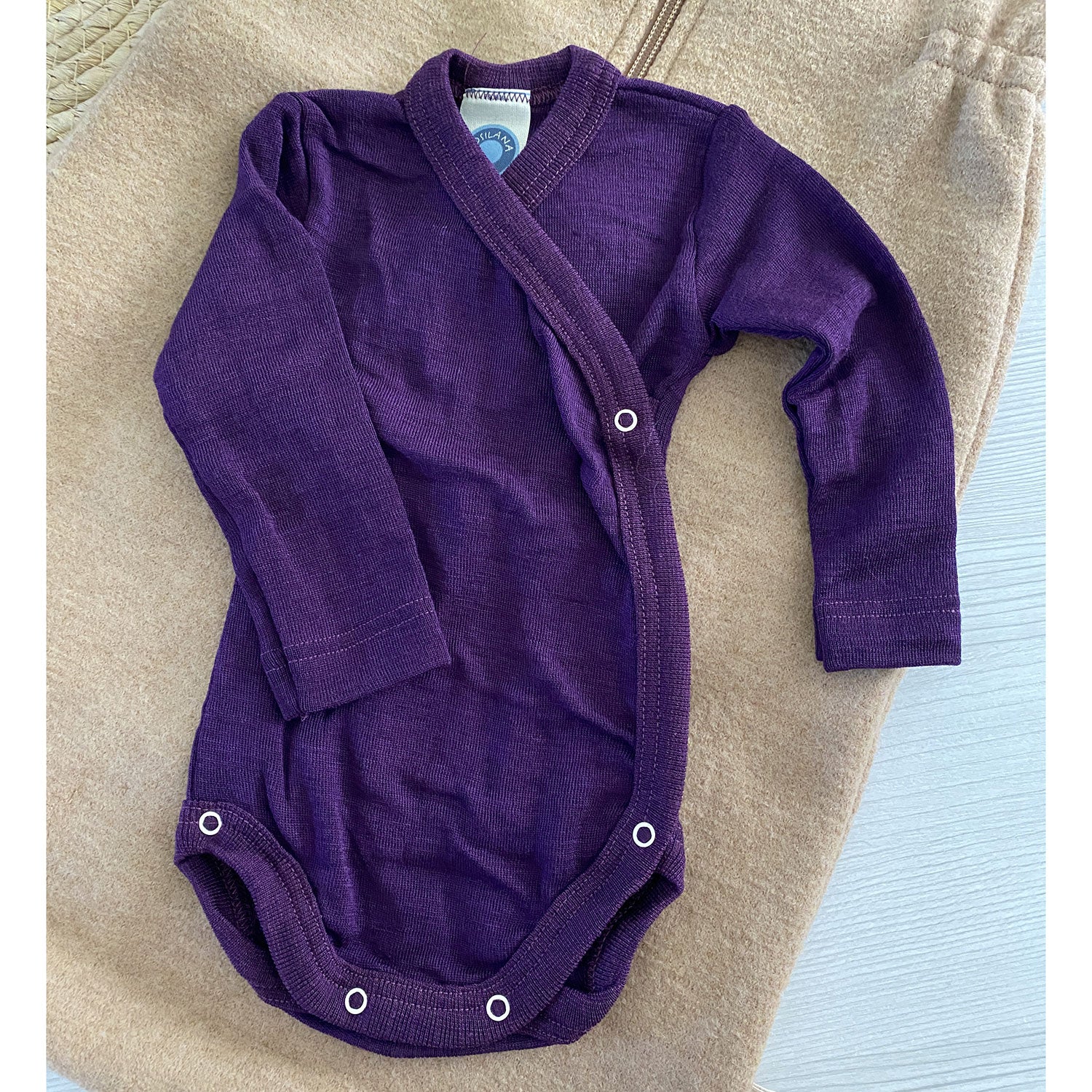 Body à manches longues ouvert devant en laine et soie Cosilana Prune - Lilinappy