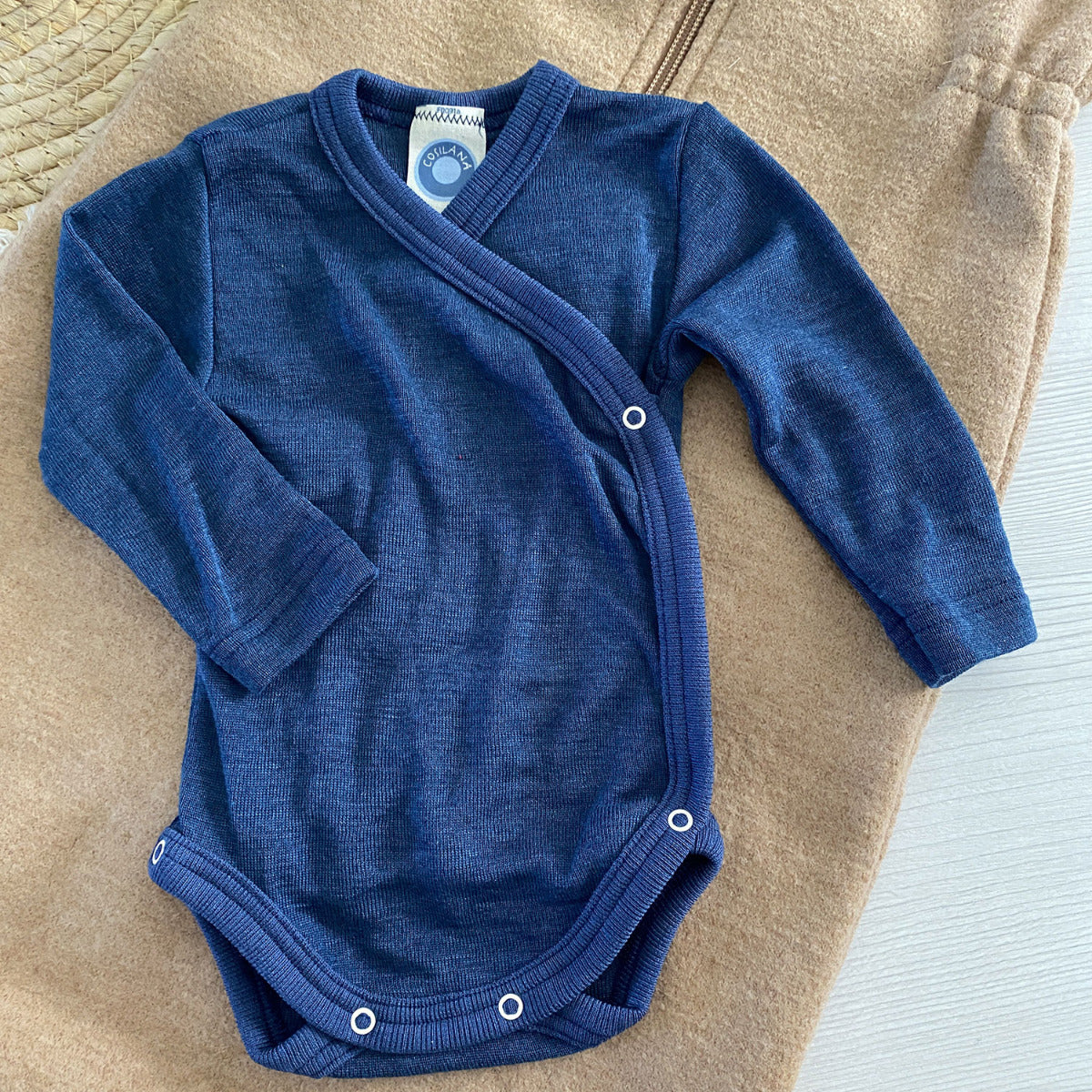 Body à manches longues ouvert devant en laine et soie Cosilana Marine