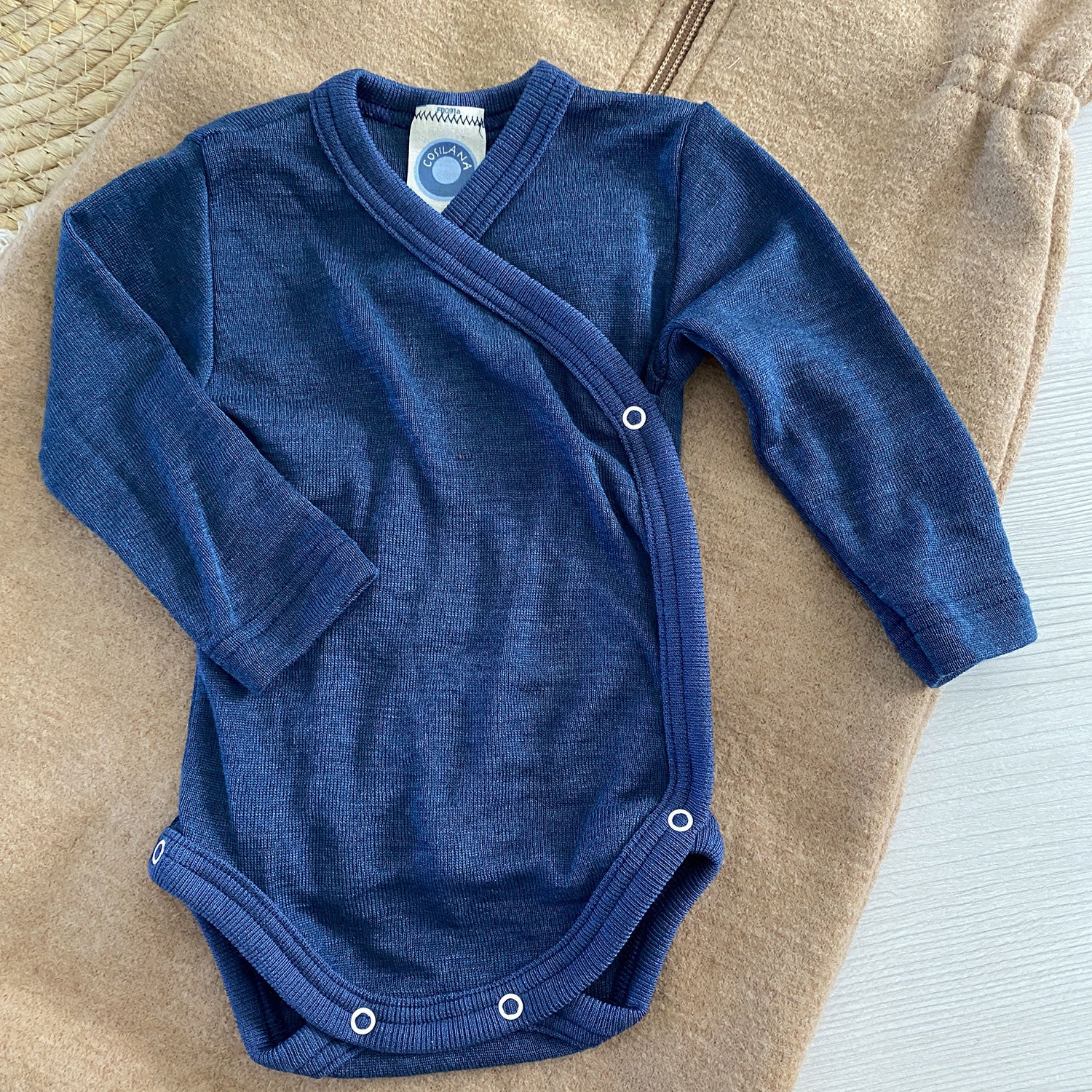 Body à manches longues ouvert devant en laine et soie Cosilana Marine - Lilinappy