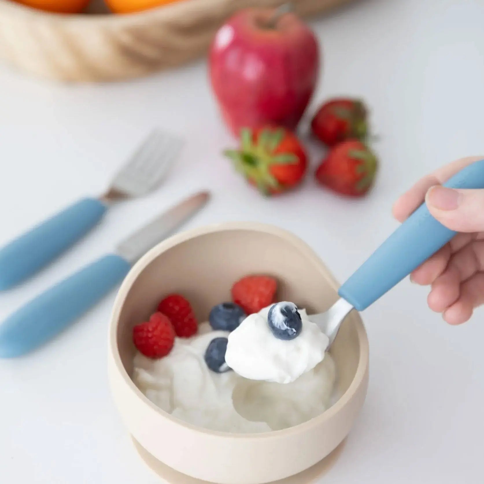 Set de couverts enfant en inox & silicone KiddiKutter - Bleu 