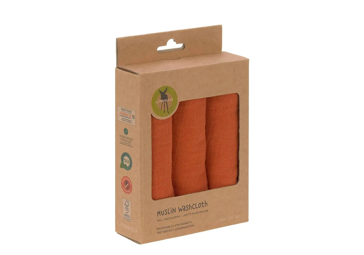 Lot de 3 débarbouillettes en mousseline de coton Lässïg - Rouille Lässig