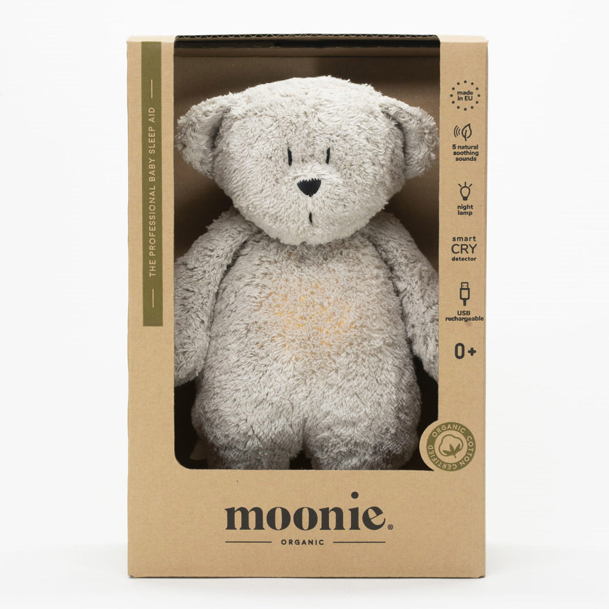 Peluche veilleuse musicale Moonie Nature bio Gris