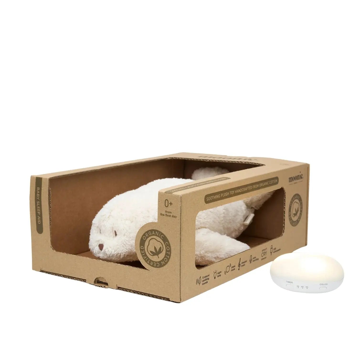 Peluche bruit rose bébé Moonie - Nature bio phoque blanc polaire