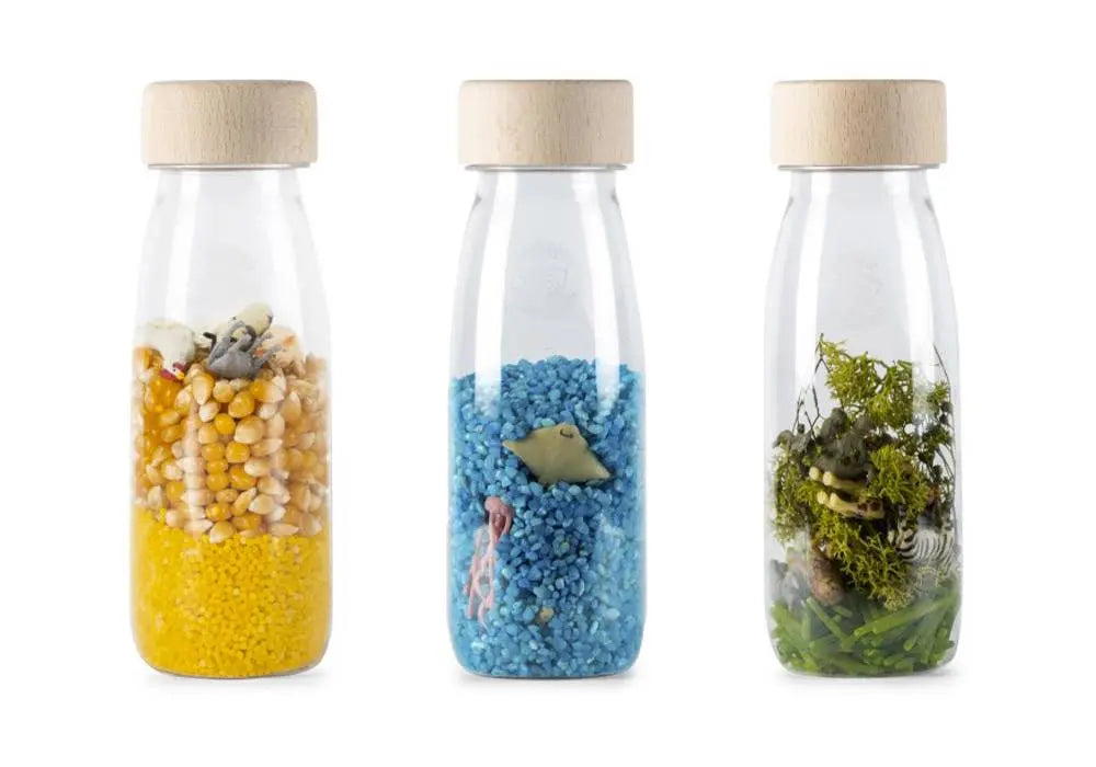 Lot de 3 bouteilles sensorielles Petit Boum - thème nature : des bouteilles à observer et à manipuler pour découvrir de nombreux secrets