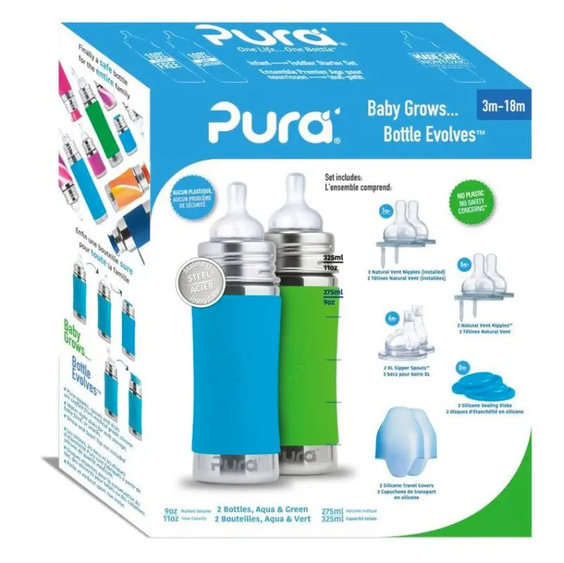 Coffret Start biberons Inox 325ml Pura Turquoise et vert