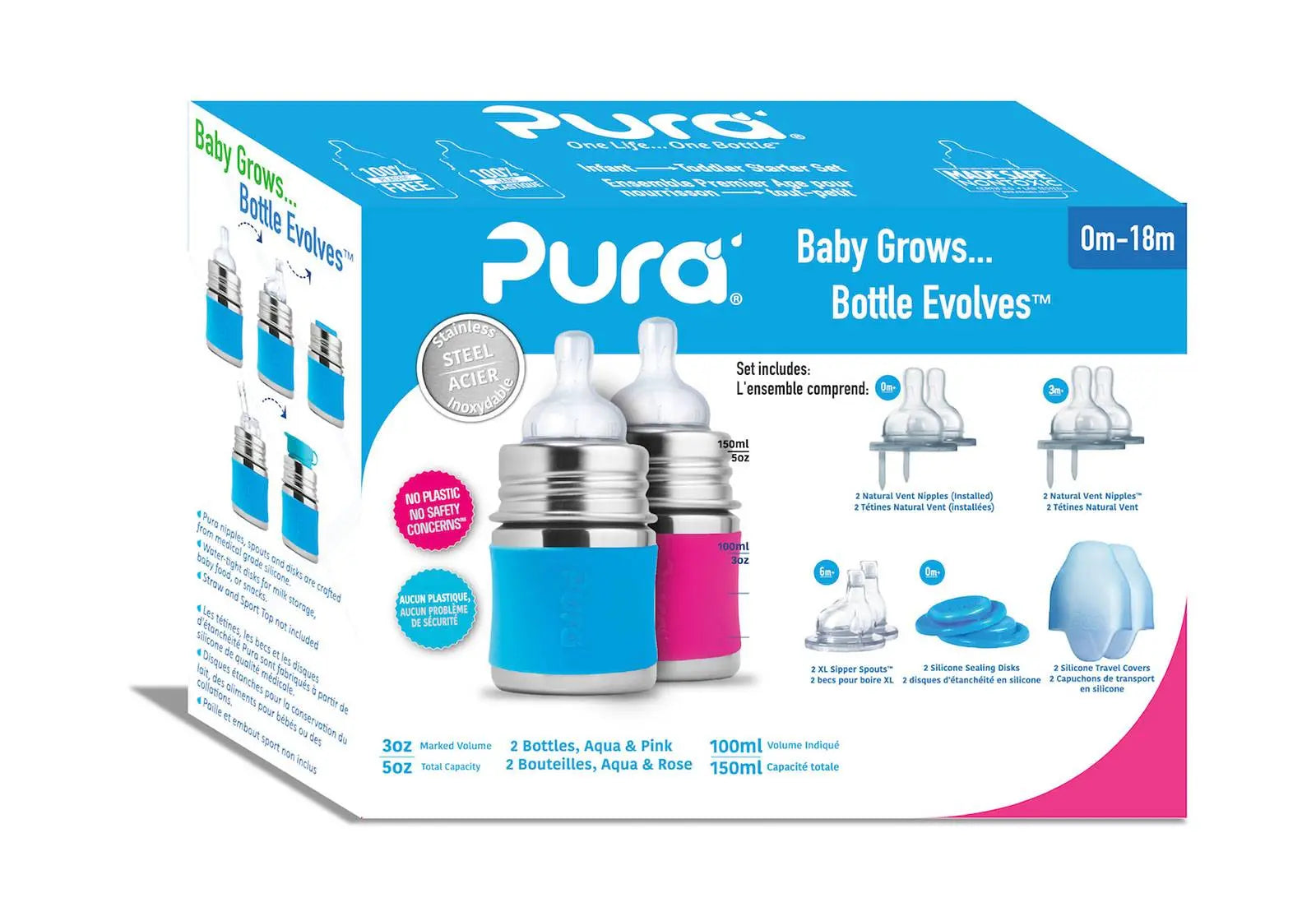 Coffret Start biberons Inox 150ml Pura - Turquoise et rose Pura