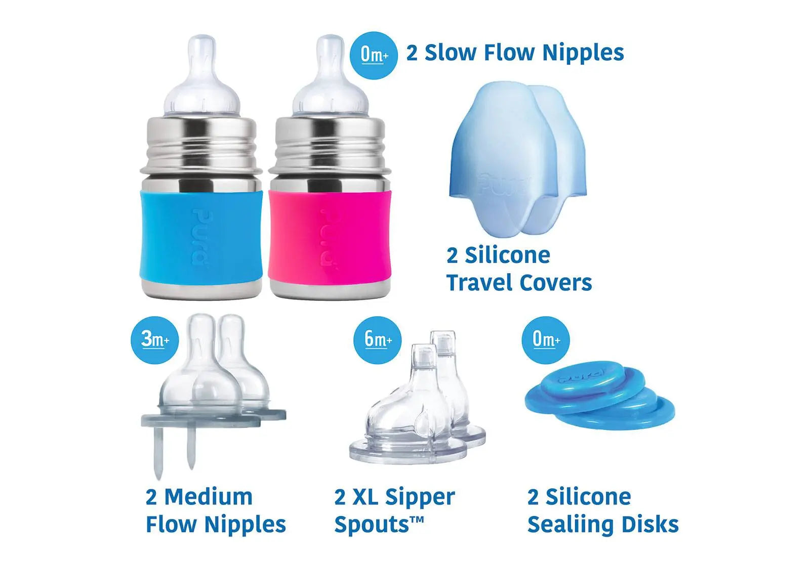 Coffret Start biberons Inox 150ml Pura - Turquoise et rose Pura