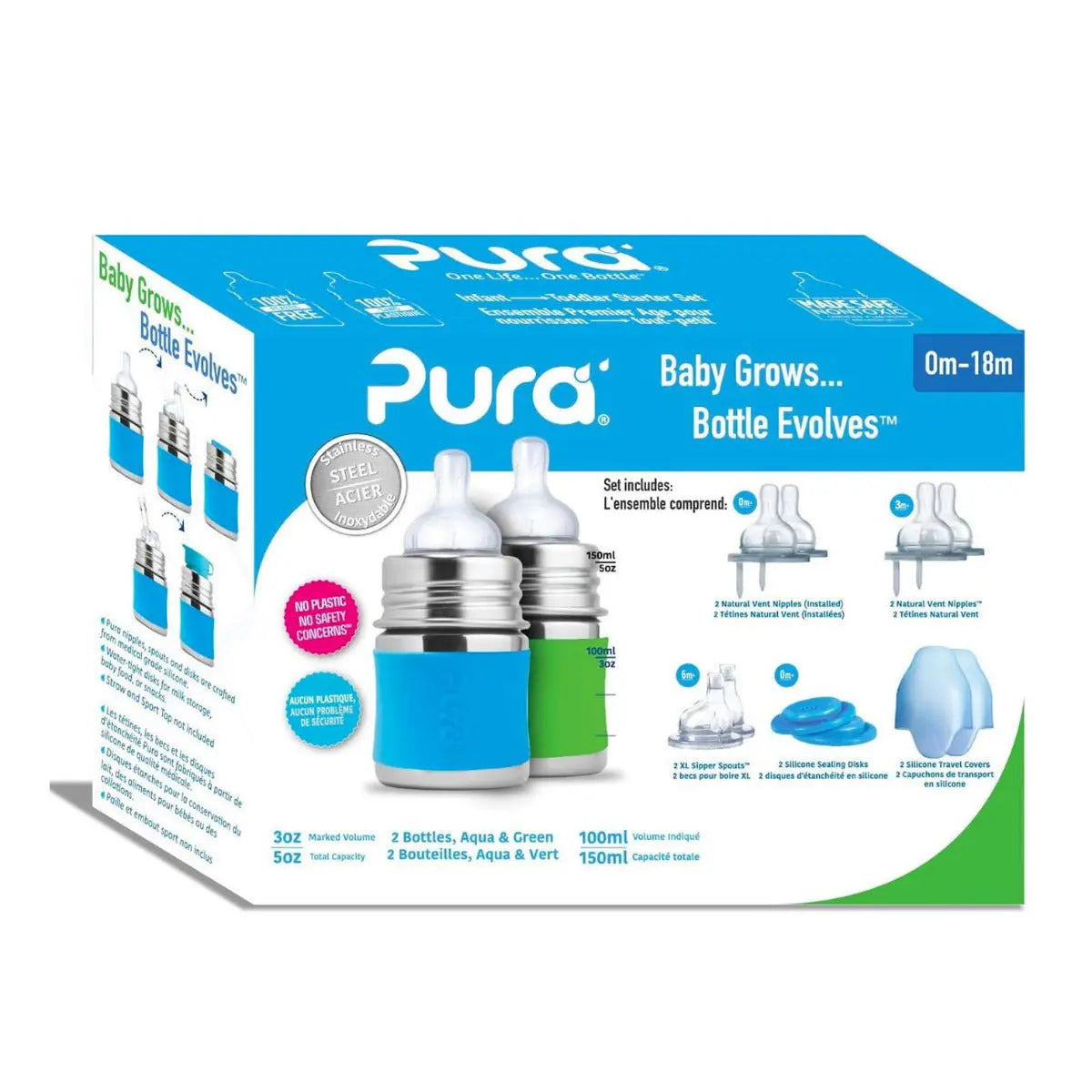 Coffret Start biberons Inox 150ml Pura - Turquoise et vert