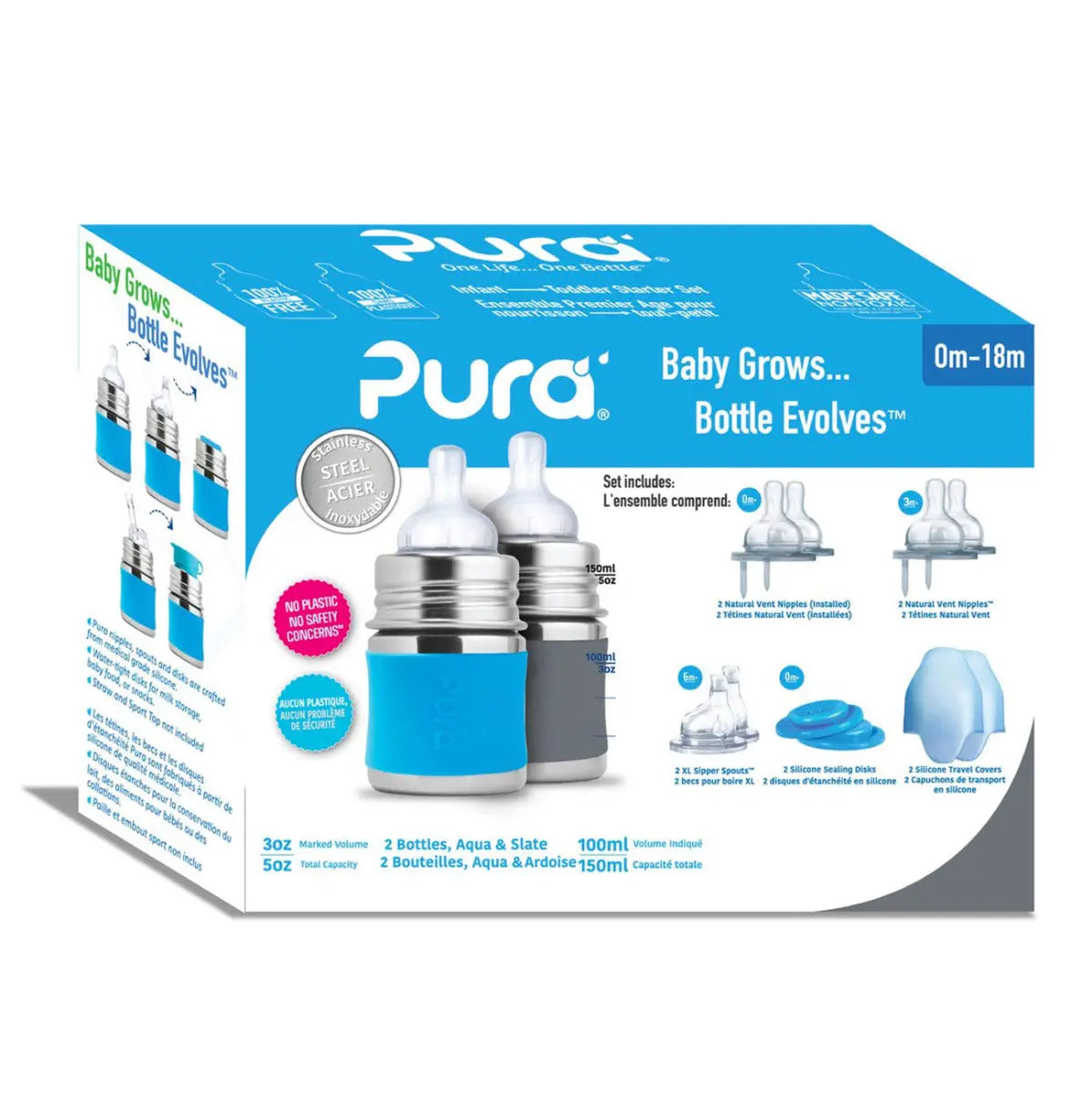 Coffret Start biberons Inox 150ml Pura - Turquoise et gris